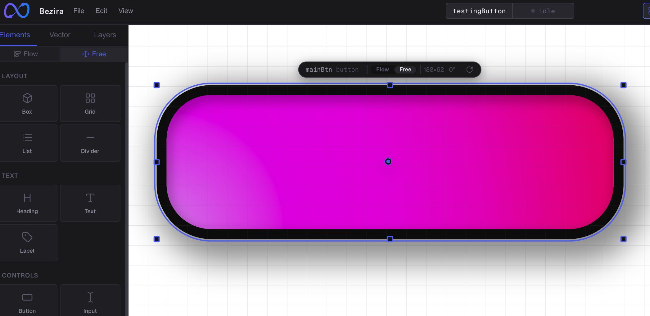 Bezira canvas with layers and a component being designed