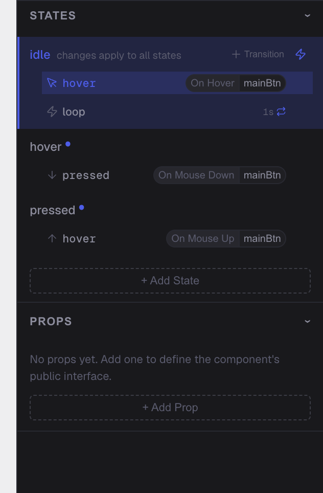 Bezira state overrides panel showing hover and focus states